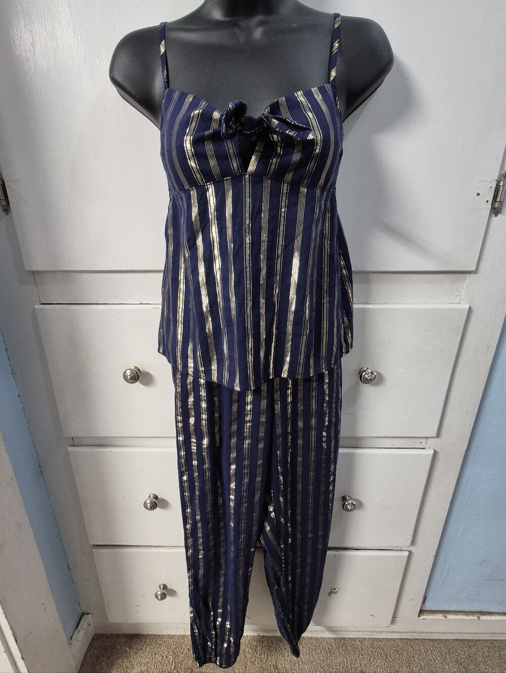 Victoria's Secret Cami Pants Pajama Set Navy Blue Gold Metallic Foil Stripe XS